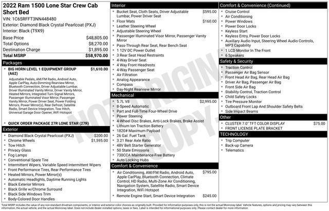 2022 RAM 1500 Lone Star Crew Cab 4x4 5'7' Box