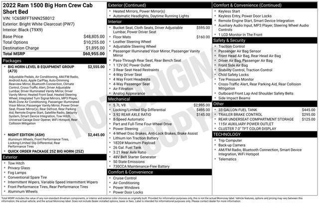 2022 RAM 1500 Big Horn Crew Cab 4x4 5'7' Box