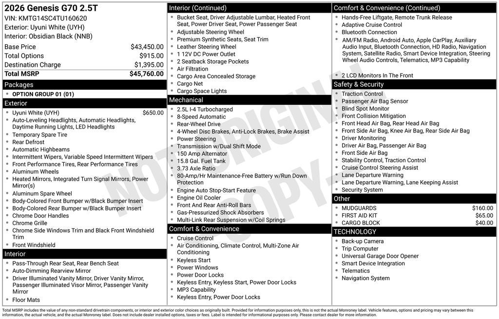 2026 Genesis G70 2.5T